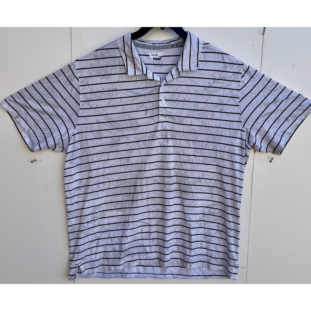 Puma Golf Mens XL Polo Grey Black Striped Botanical Leaf Print Short Sleeve